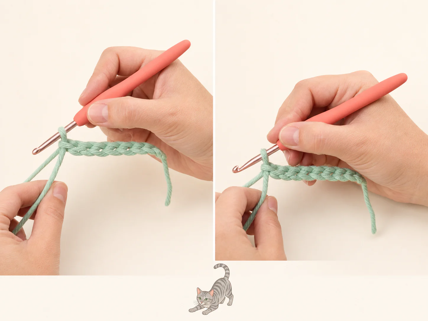 Comparación del agarre tipo lápiz y tipo cuchillo con muñecas relajadas; una pequeña gata atigrada ilustra la referencia de marca.
