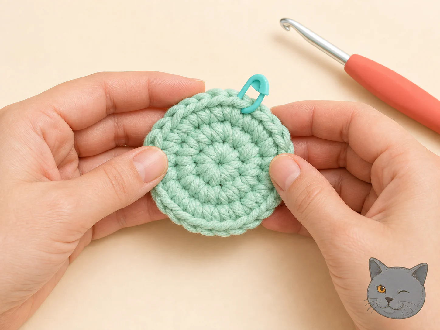 Ronda de crochet menta sostenida entre las manos; las V superiores están visibles y un marcador turquesa señala el primer punto.