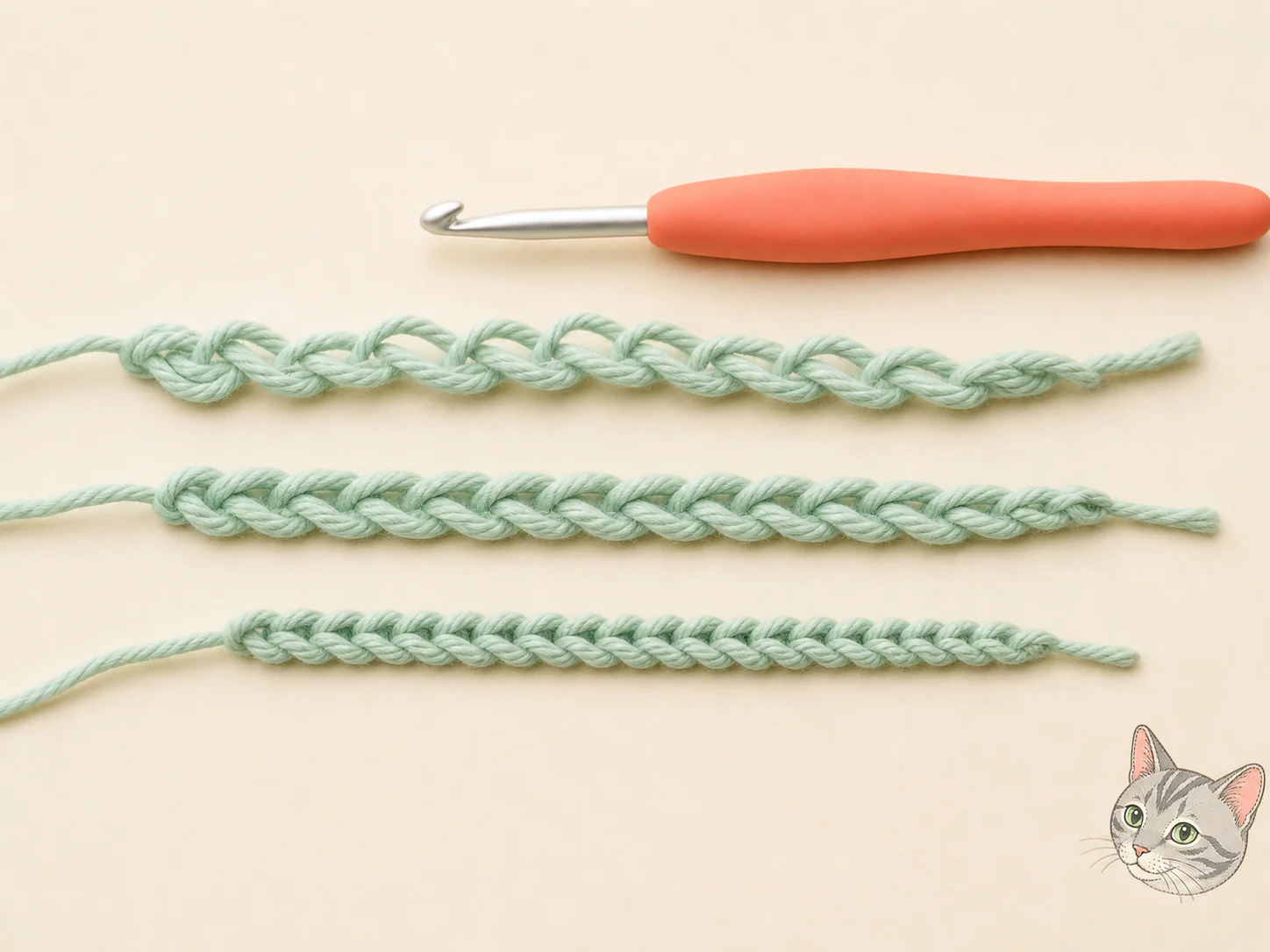 Tres cadenas del mismo hilo menta muestran una tensión floja, una cómoda y una apretada.