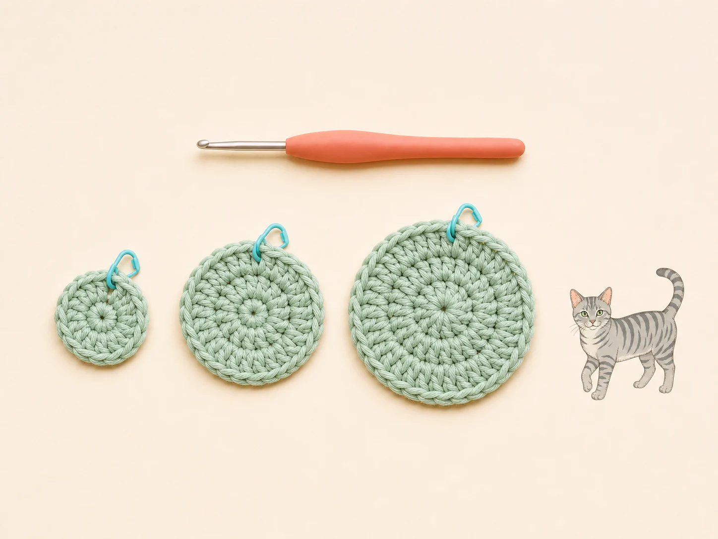 Tres círculos planos de crochet crecen de izquierda a derecha y cada uno conserva un marcador en el inicio.